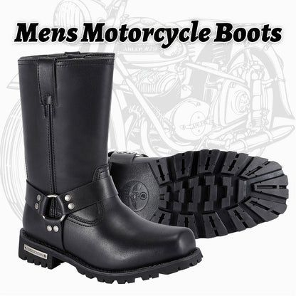 Men's Motorcycle Boots 11" Harness – PU Leather Non-Slip Square Toe Mid-Calf Biker Boots, Abrasion Resistant All-Season Riding Boots