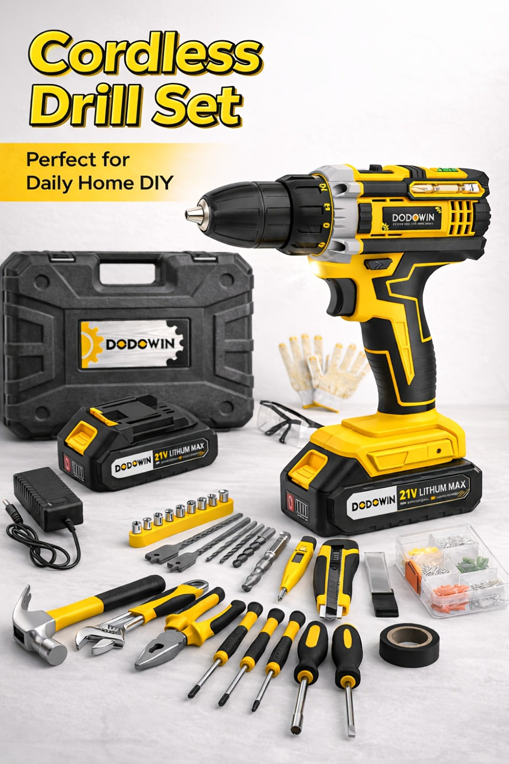 Cordless Impact Drill Set 12V / 21V Electric Drill Kit, 45Nm Torque, 2-Speed, Keyless Chuck, LED Light