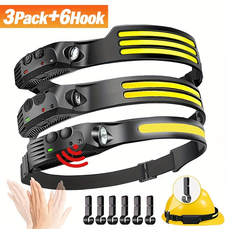 Three-Pack COB and LED Headlamps with 230° Beam, Five Modes, Motion Sensor and Six Hooks Included