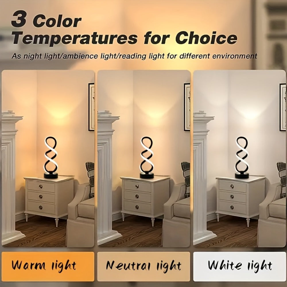 Spiral LED Table Lamp with Dimmable Push-Button Control, Modern Metal Base and Six Black or White Configuration Options