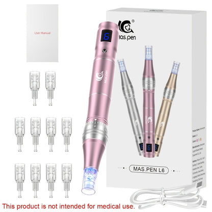 L6 Pink Microneedling Pen Kit with 10 Replacement Tips, Six Speed Levels and USB Charging Cable