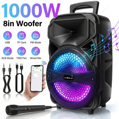 1000W Karaoke Machine with Wireless Bluetooth Party Speaker, 8-Inch Subwoofer, Loud Sound System