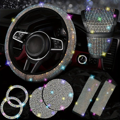 8-Piece Rhinestone Car Interior Accessories Set with Steering Wheel Cover, Coasters and Seat Belt Pads