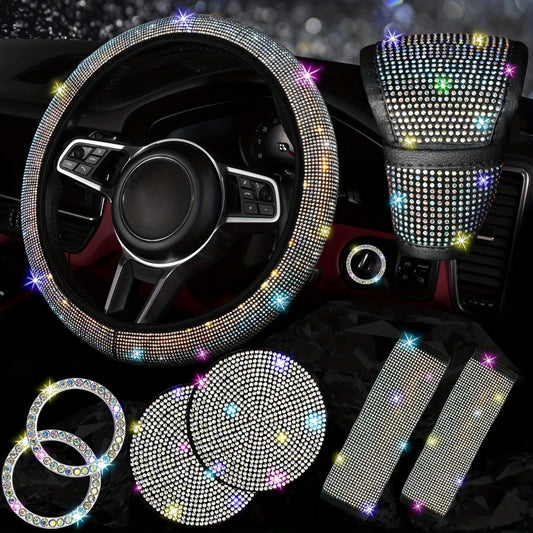 8-Piece Rhinestone Car Interior Accessories Set with Steering Wheel Cover, Coasters and Seat Belt Pads