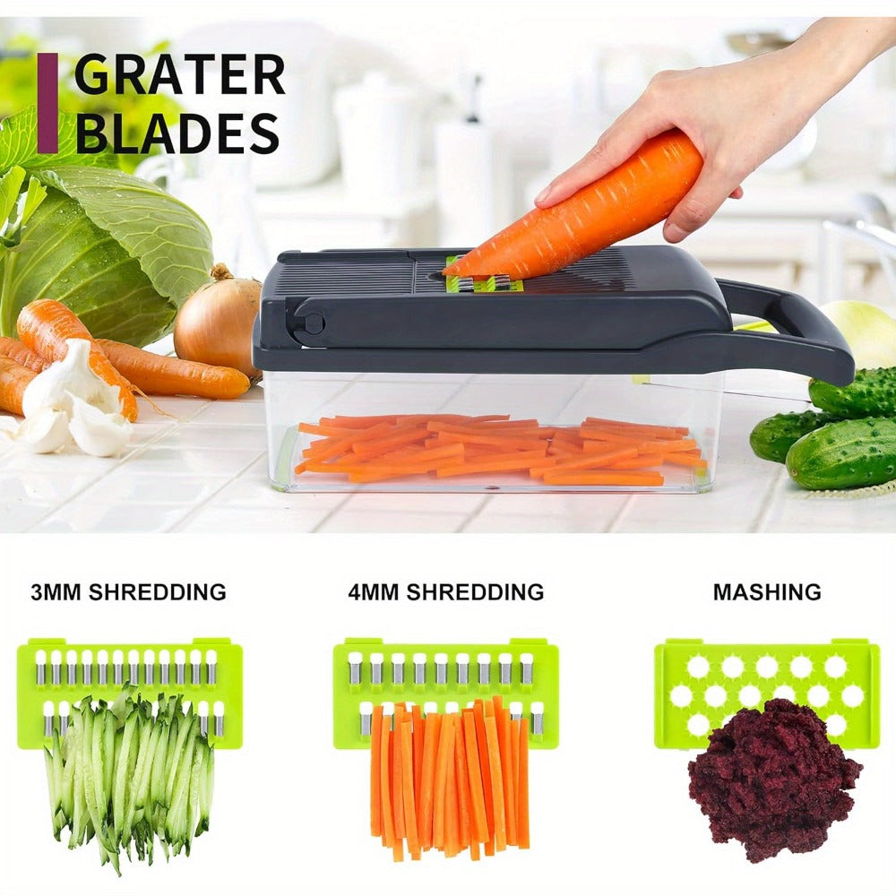 Vegetable Chopper 16-in-1 Manual Food Chopper Set, 8 Interchangeable Blades with Container, Grater & Strainer