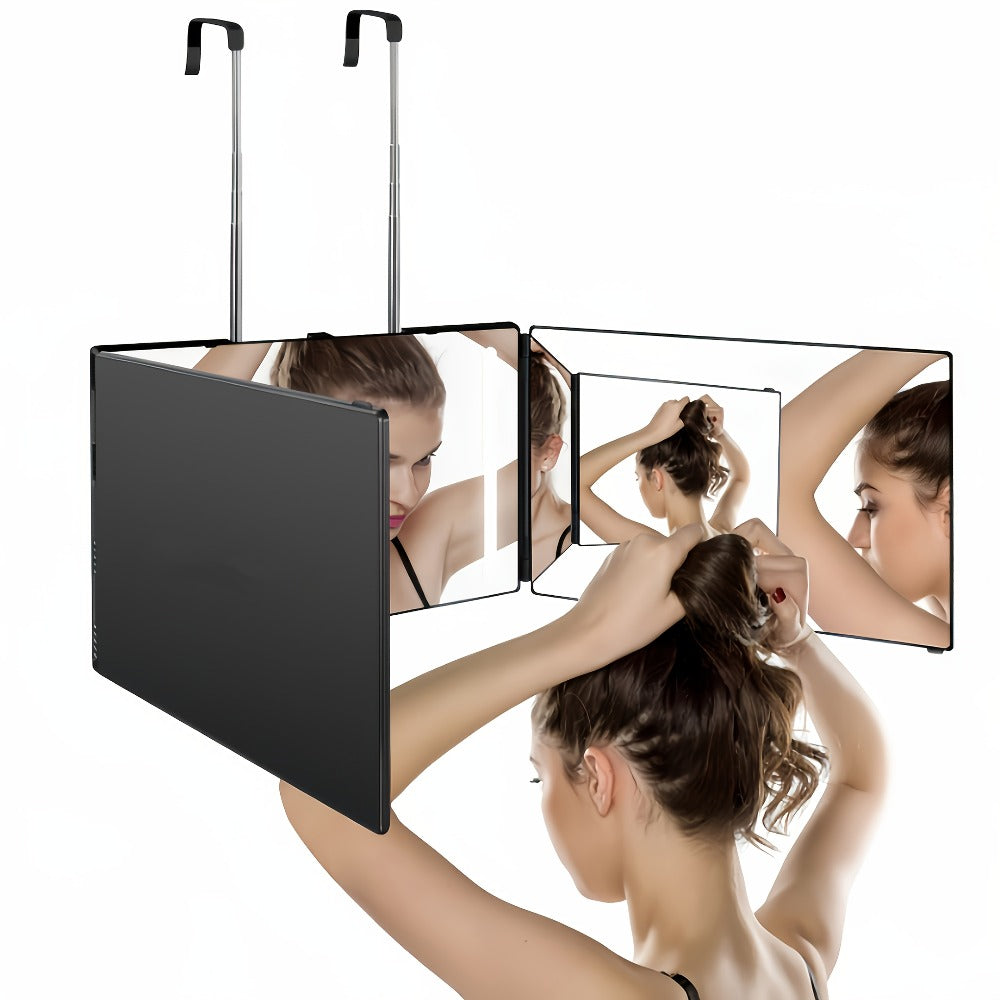 Barber Mirror, 3 Way Mirror for Self Hair Cutting with LED Lights, 360° View Anti-Fog HD Glass USB Rechargeable Folding Barber Mirror