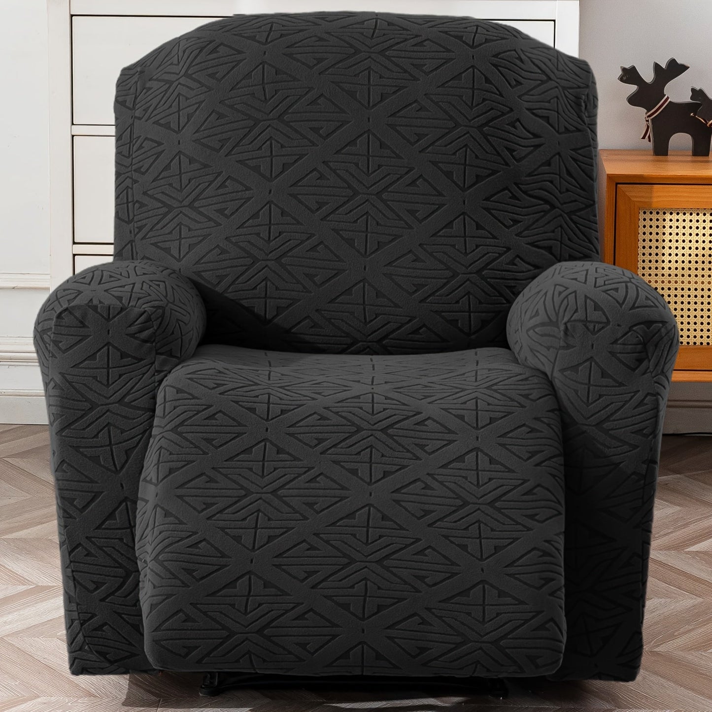 Four-Piece Geometric Jacquard Recliner Chair Cover Set with Labeled Left, Right, Back and Front Sections