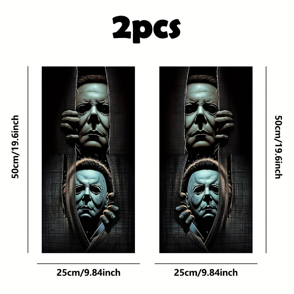 Two-Piece Masked Figure Car Window Decal Set with Stacked Black-and-Gray Horror Portrait Panels