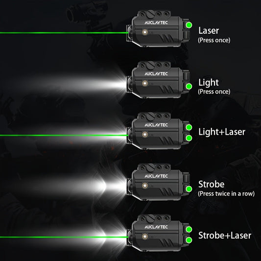 Pistol Light Laser Combo 500 Lumens – Green Red Blue Laser Sight, 5 Modes, USB-C Rechargeable, Fits Subcompact & Compact Handguns