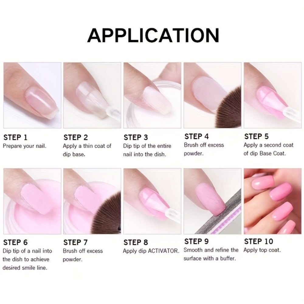 Dip Powder Nail Kit with YANYILIKE Label, Four Nude Gold Glitter Powders, Three 10ml Liquids and Four Tools