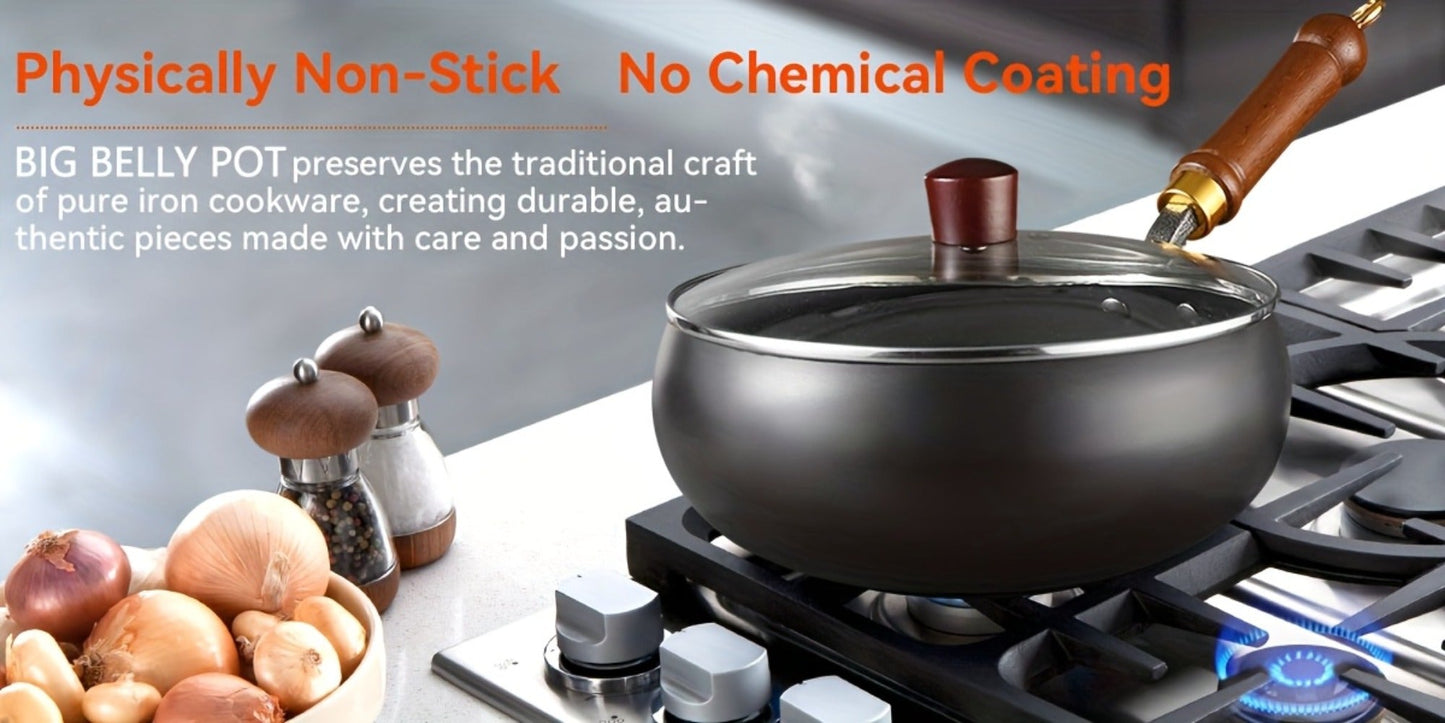 Carbon Steel Wok Pan with Large-Belly Uncoated Design and Heat-Resistant Handle for Stir-Fry, Soup, Stew and Camping Cooking