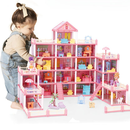 Princess Doll House Castle with Furniture & Accessories, Pink or Blue Mini Villa Playset 14 to 27 Rooms