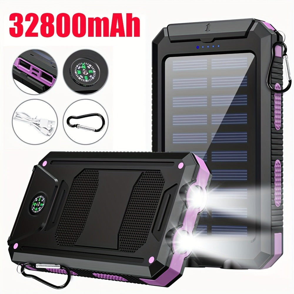 Solar Power Bank, 32800mAh or 38800mAh Wireless Charger with Up to Six Outputs, Dual Lights and Cable Options