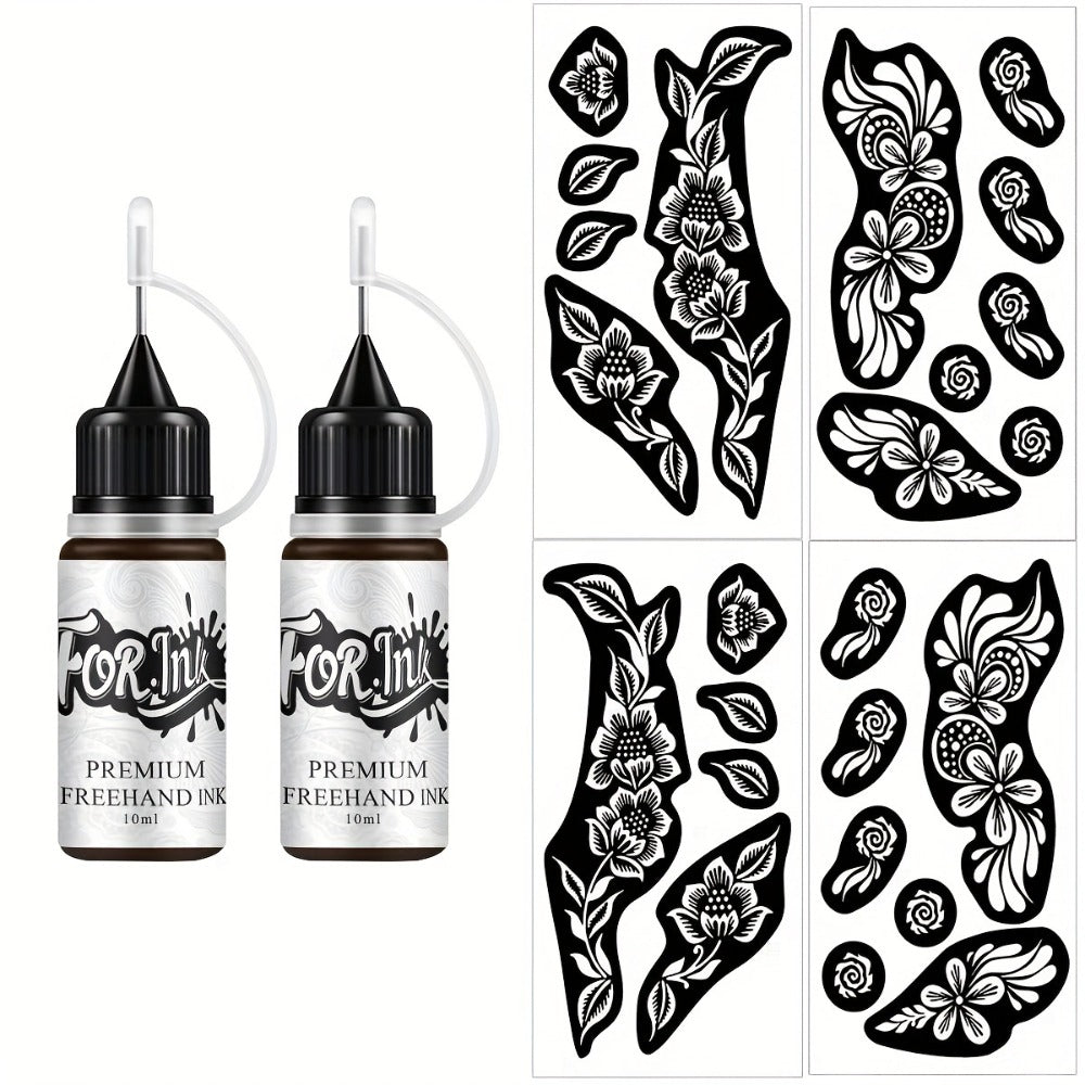 Tattoo Stencil Kit with Brown Paste Ink & Flash Spray, Pre-Cut Hollow Template DIY Freehand Henna Style