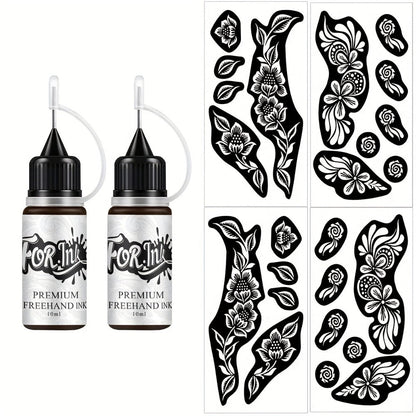 Tattoo Stencil Kit with Brown Paste Ink & Flash Spray, Pre-Cut Hollow Template DIY Freehand Henna Style