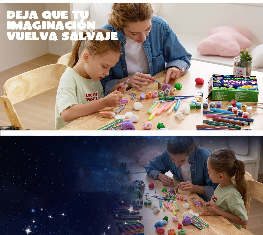 Glow Rock Painting Craft Kit with 10 Rocks, Paints, Brushes, Gems and Stickers in One- or Two-Pack Options