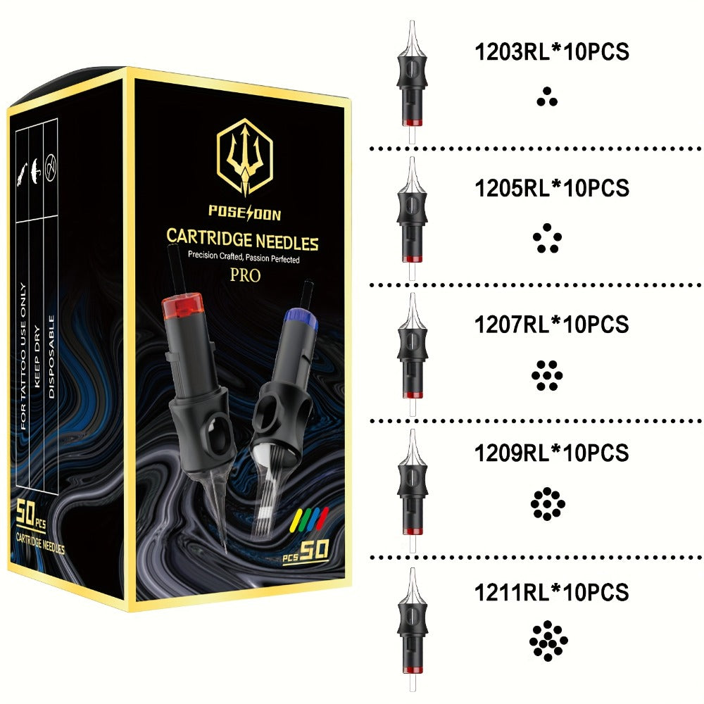 Tattoo Cartridge Needles with POSEIDON V5 Label, 50-Piece Mixed or Round Liner Pack Options