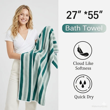 Bath Towels Set 1 or 4 Pack Microfiber Two-Color Striped Towels 27 x 55 Inch in Gray, Red and Green