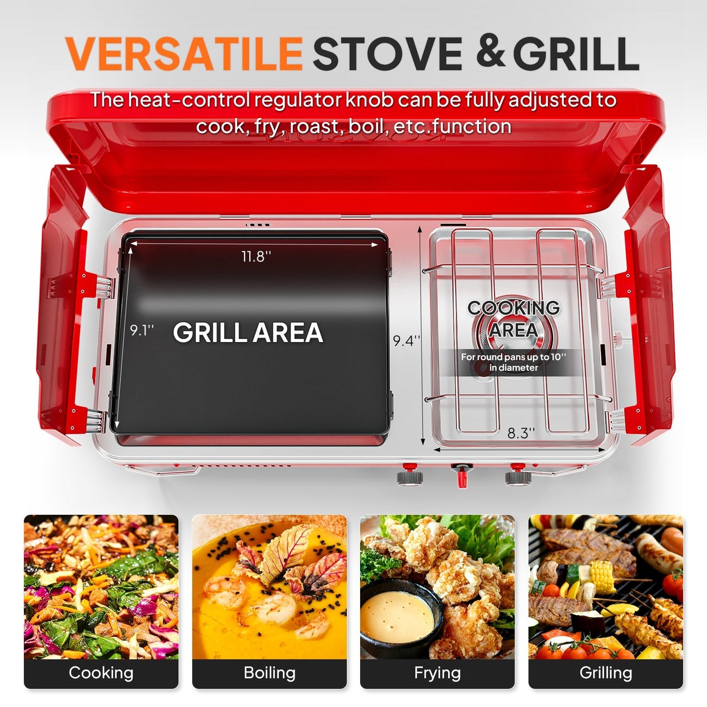 Portable Propane Griddle and Burner Camping Stove with Four Color Labels and 23.23-Inch Closed Width