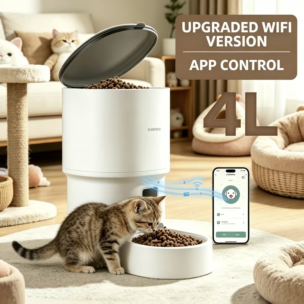 Automatic Pet Feeder with General, WiFi and Upgraded WiFi Models, Detachable Bowl and White Finish