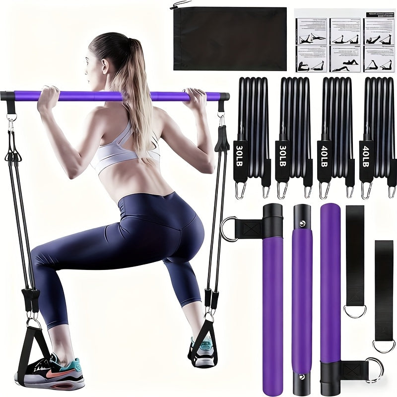 Resistance Band Pilates Bar Kit 8-Piece – 150LB Bands, Ankle Straps & Drawstring Bag, Portable Home Gym Fitness Set for Full Body Workout