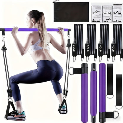 Resistance Band Pilates Bar Kit 8-Piece – 150LB Bands, Ankle Straps & Drawstring Bag, Portable Home Gym Fitness Set for Full Body Workout