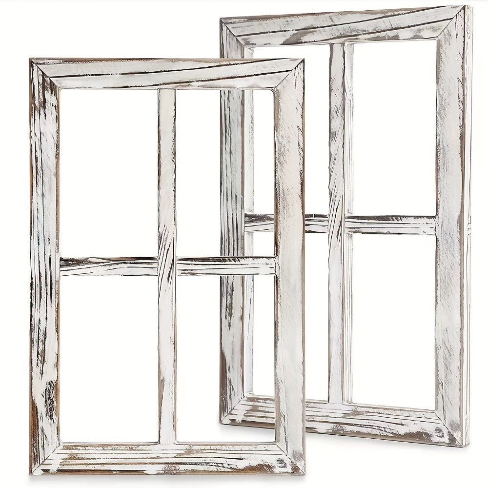 Distressed Wood Window Frame Wall Decor, Two-Piece Set in Rectangular or Arched Styles without Glass