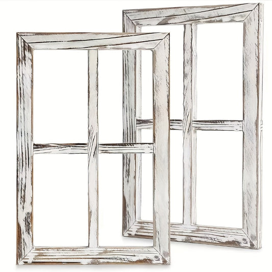 Distressed Wood Window Frame Wall Decor, Two-Piece Set in Rectangular or Arched Styles without Glass