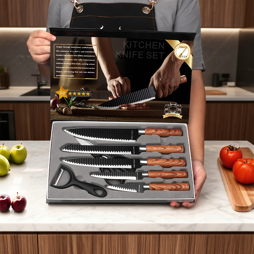 Hand Forged Chef Knife Set with Knife Rack Butcher Knife Bone Cutter Meat Cleaver Vegetable for Grilling, Camping and Outdoor Meals