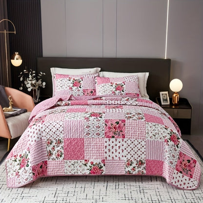 Bright Pink Floral Patchwork Three-Piece Bedspread Set with Twin, Full-Queen and King Size Options