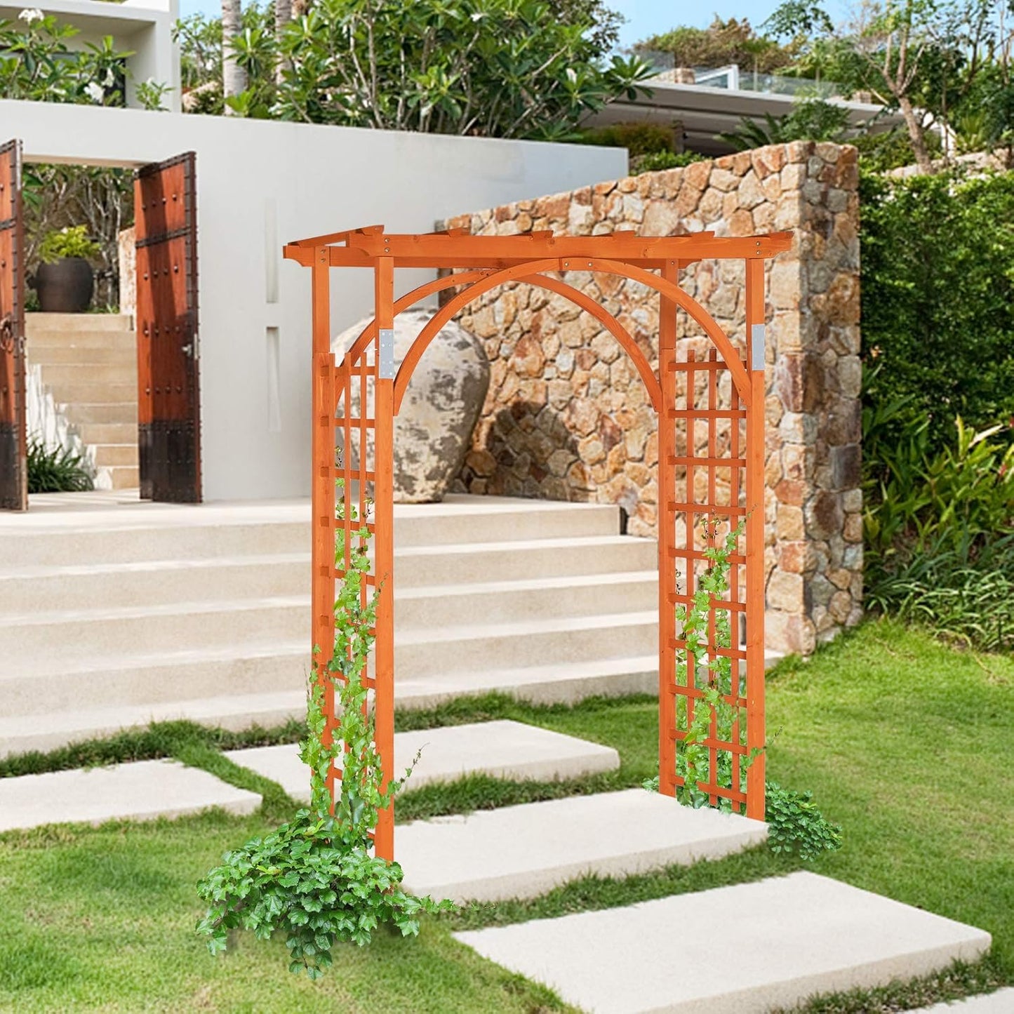 Teak Wood Pergola Arbor 85" Wedding Arch Garden Climbing Trellis for Garden, Patio and Yard Use