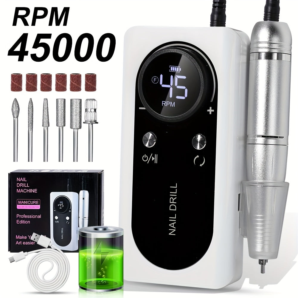 Electric Nail Drill 45000 RPM Rechargeable Kit with LCD Display and White or Golden Color Options