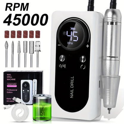 Electric Nail Drill 45000 RPM Rechargeable Kit with LCD Display and White or Golden Color Options