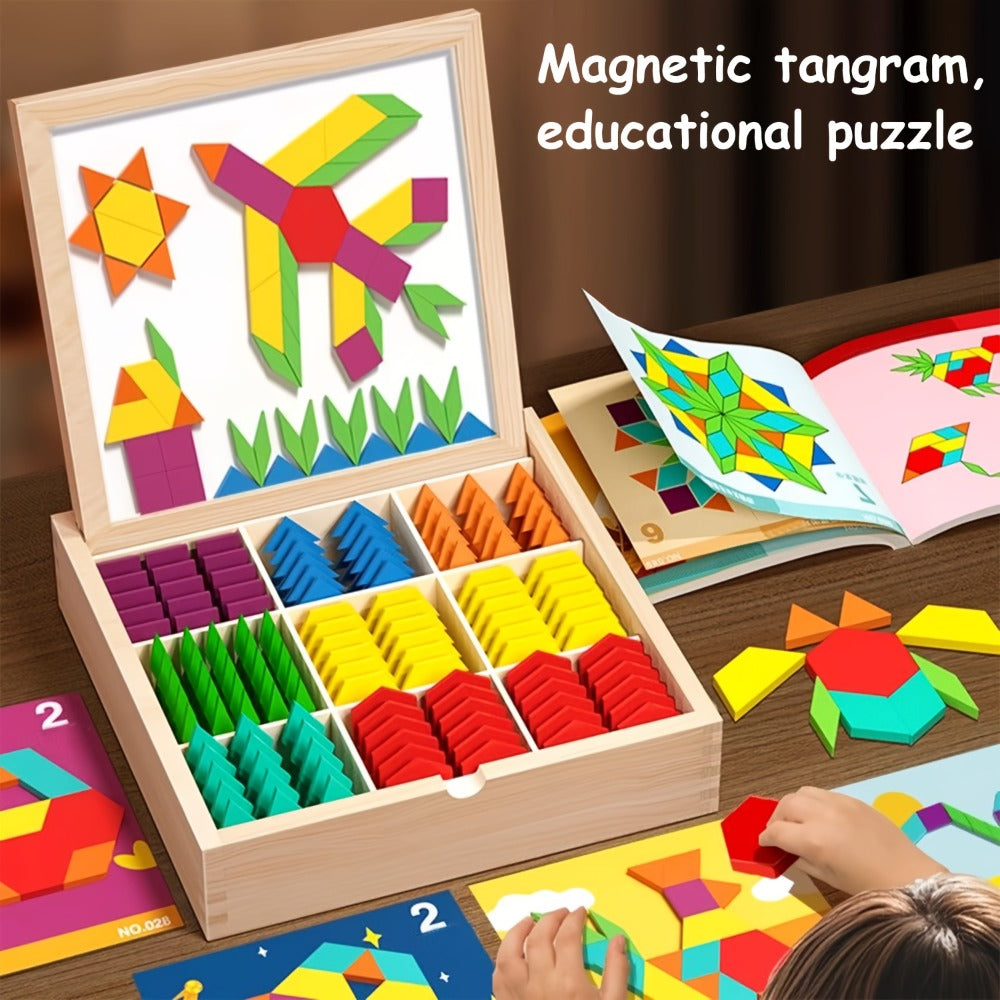 Magnetic Wooden Puzzle Blocks 128 180 220 Piece Set, Geometric Figures Cognitive Learning STEM Toy for Kids