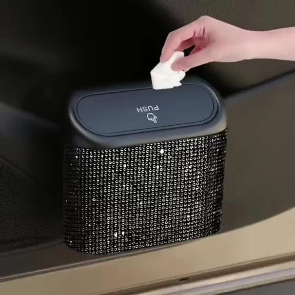 Rhinestone Push-Lid Car Trash Bin with Two Liner Bags, Black or Silver Finish and 16 cm Width
