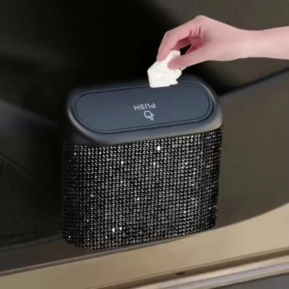 Rhinestone Push-Lid Car Trash Bin with Two Liner Bags, Black or Silver Finish and 16 cm Width
