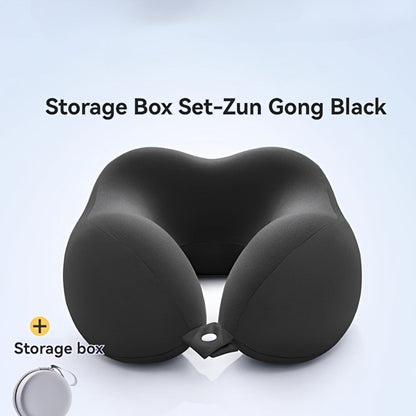 Rollable Memory Foam Travel Neck Pillow with Round Storage Case in Beige, Black or Pink-and-Gray Color Block