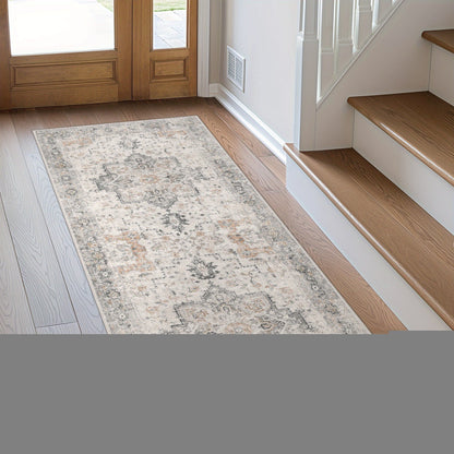 Runner Rug Machine Washable Non-Slip Vintage Hallway Area Rug Low Pile Lightweight Boho Floral for Entryway Kitchen Corridor Light Taupe