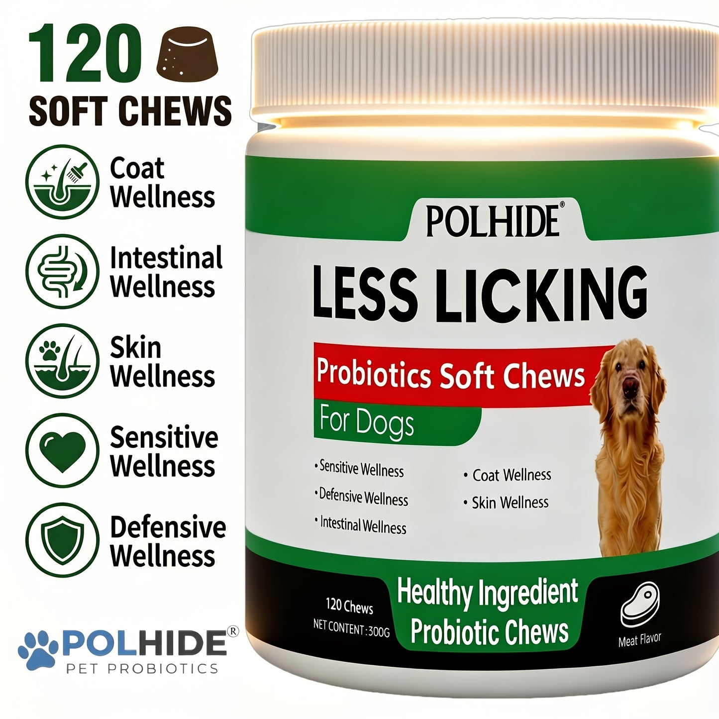 Dog Probiotic Soft Chews 120ct | 90-Day Supply Yeast Probiotic for Dogs, Meat Flavor, Supports Coat & Gut Health