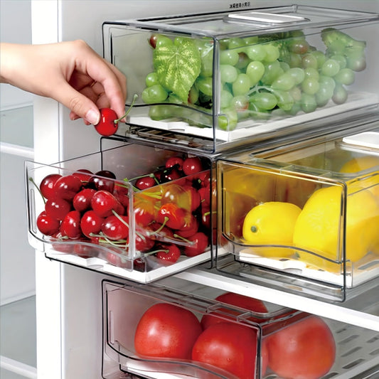 Stackable Fridge Organizer Bins with Drain Board 2 Pack, Refrigerator Drawer Organizer for Produce Fruit Vegetable