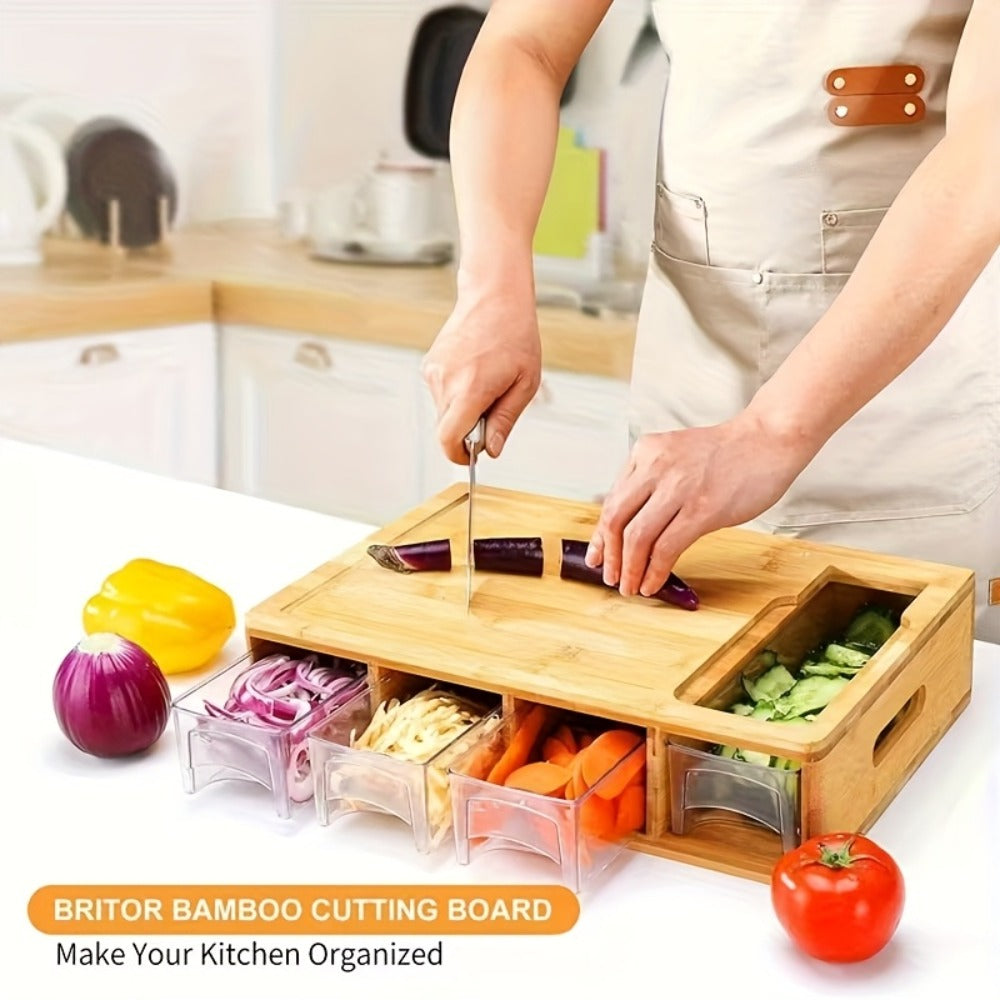 Cutting Board Bamboo Prep Station with Pull-Out Containers, Five Grater Inserts and Juice Channel