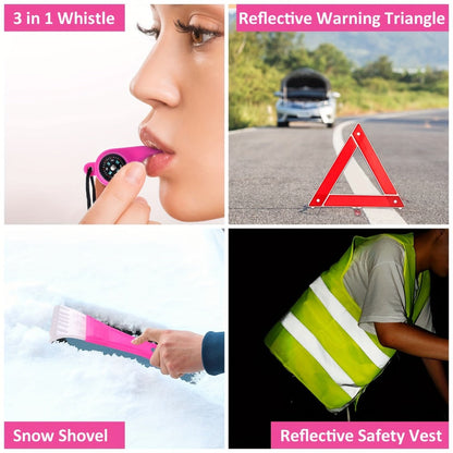 Car Roadside Emergency Kit Pink – Jumper Cables, Deer Whistles & Auto Safety Tool Set for Women, Winter Car Safety Roadside Assistance Kit