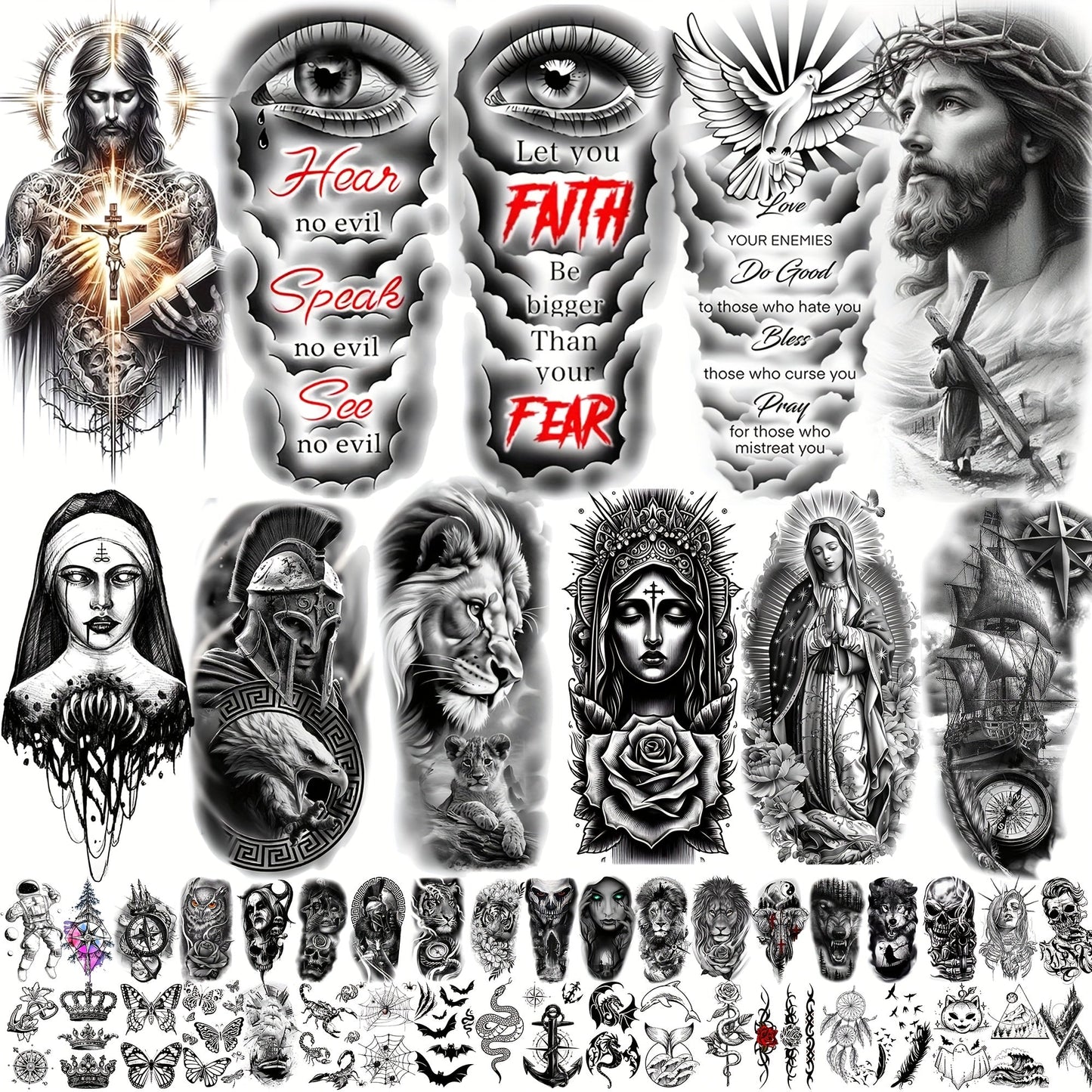 Temporary Tattoos, 68-Sheet Faith and Quote Set with Prayer, Peace, Lion, Eye and Tribal Motifs