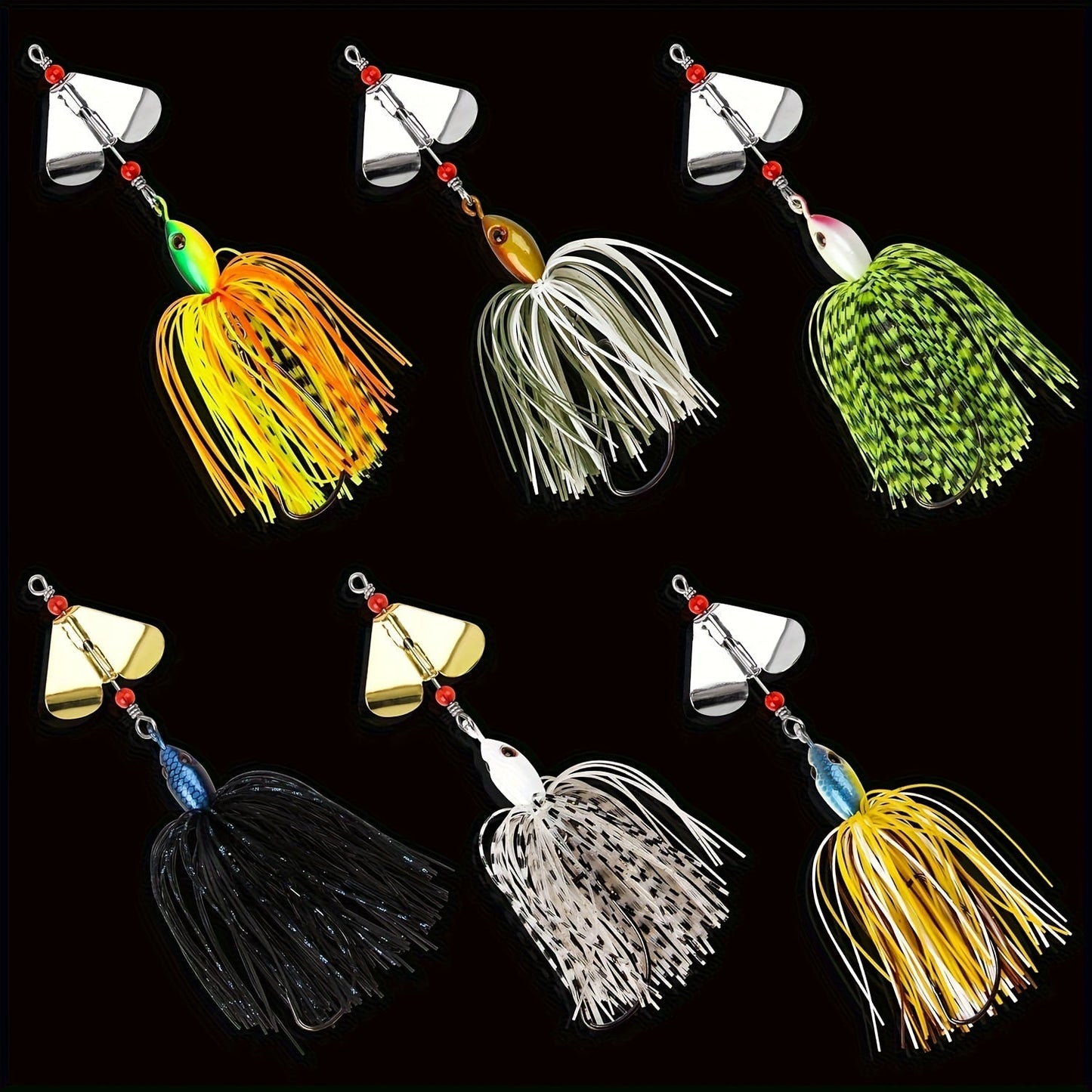 Fishing Lure Set 6-Piece Spinnerbait Buzzbaits, 3/4oz with Rotating Blades, Silicone Skirts and Single Worm Hooks