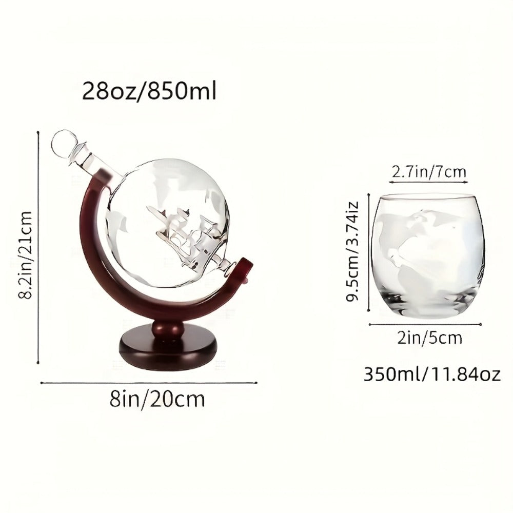 Whiskey Decanter Set with Glasses and Wooden Stand Ball Globe 28oz or Sailboat 44oz Etched for Home Cooking, Dining and Outdoor Meals