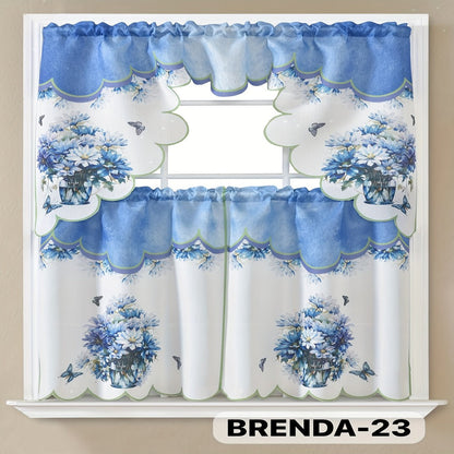 Kitchen Curtains 3 Piece Set Embroidered Satin Valance and Tiers – Rod Pocket Light Filtering Machine Washable 46 Colors