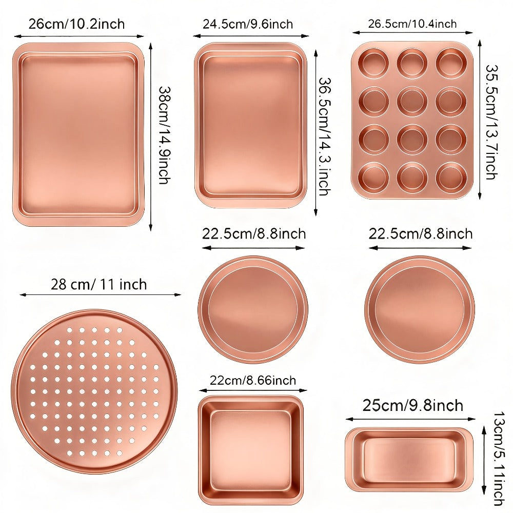 Nonstick Bakeware Pan Set, 8-Piece Carbon Steel Oven Baking Set with Cookie Sheet, 2 Round Cake Pans