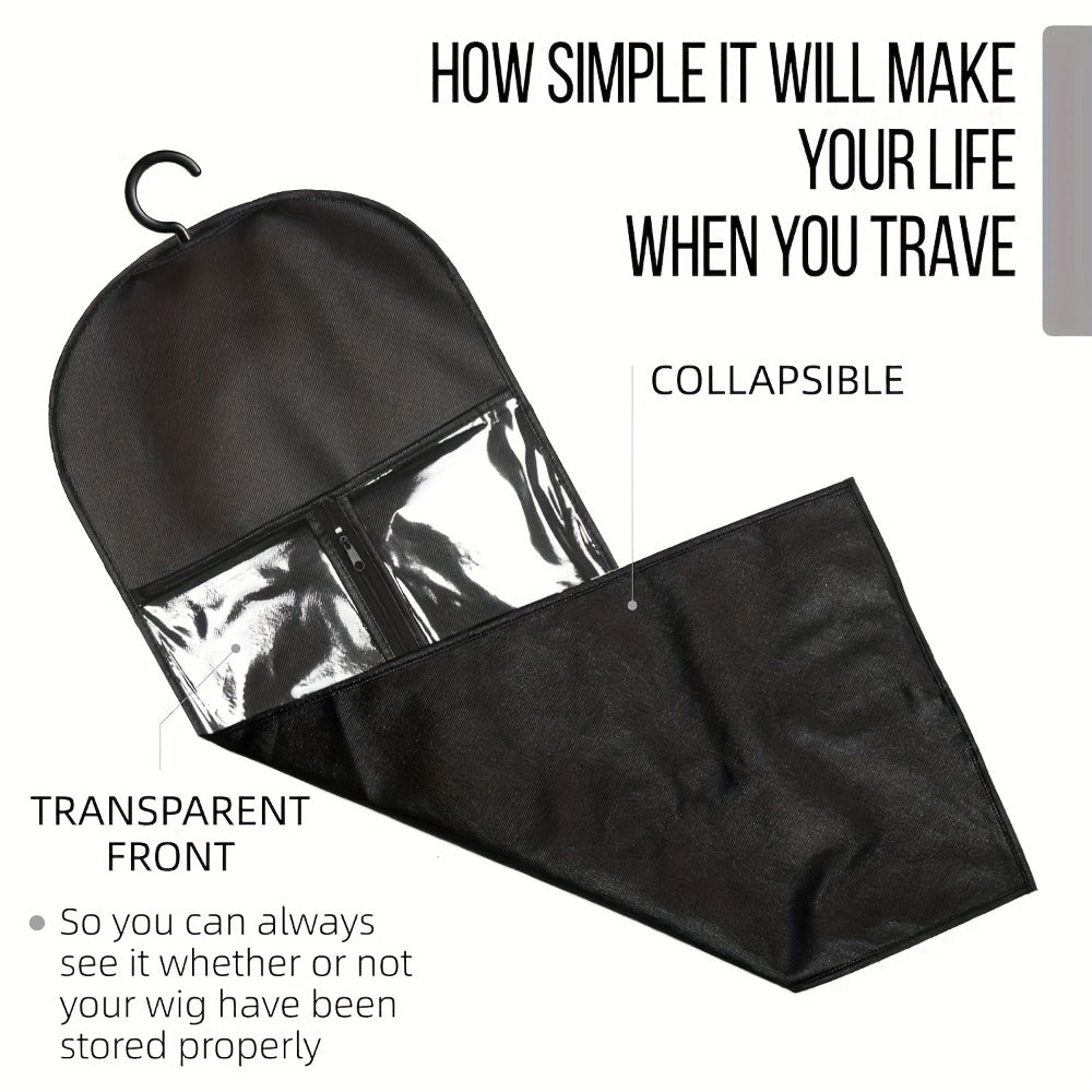 Hanging Wig Storage Bags, Six-Piece Black Set with Clear Front Panels, Zippers and Integrated Hangers