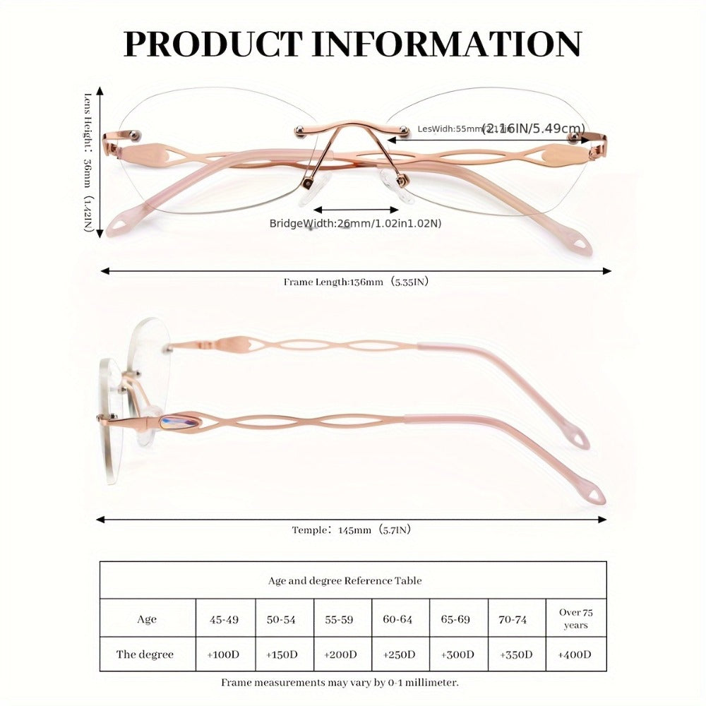 Reading Glasses – Three-Pair Rimless Metal Readers in Multiple Colors and Strengths with Multiple Strength and Color Options