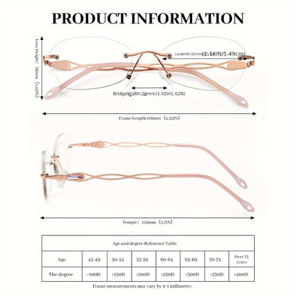 Reading Glasses – Three-Pair Rimless Metal Readers in Multiple Colors and Strengths with Multiple Strength and Color Options